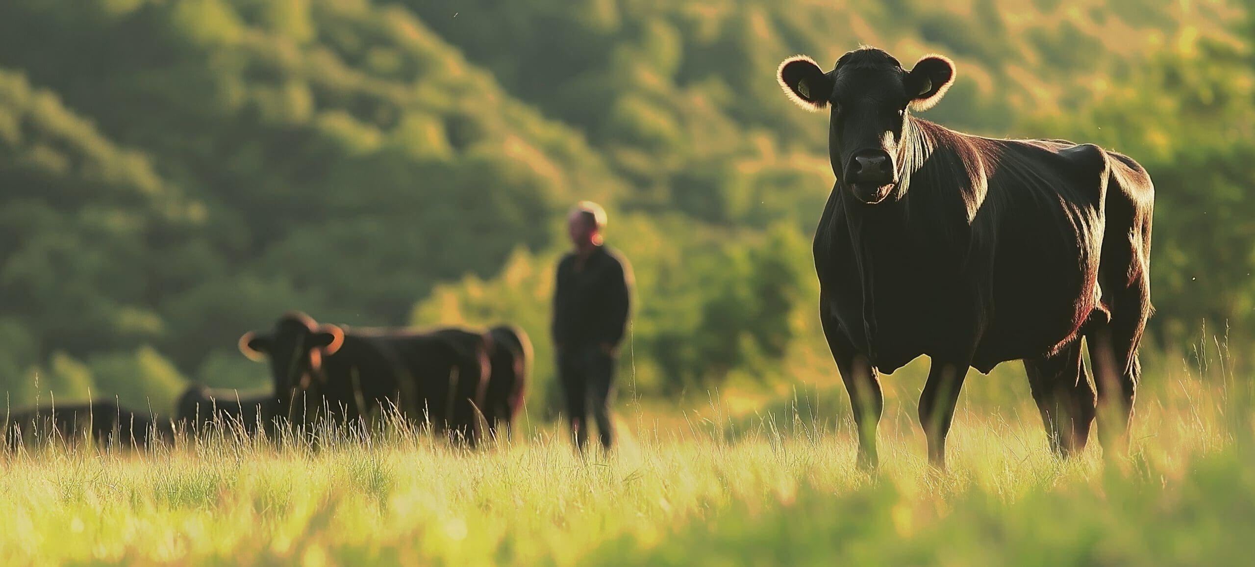 A black cow stands in a grassy field facing the camera, with another cow and a person blurred in the background. The scene is set in soft, natural sunlight with green hills behind them.