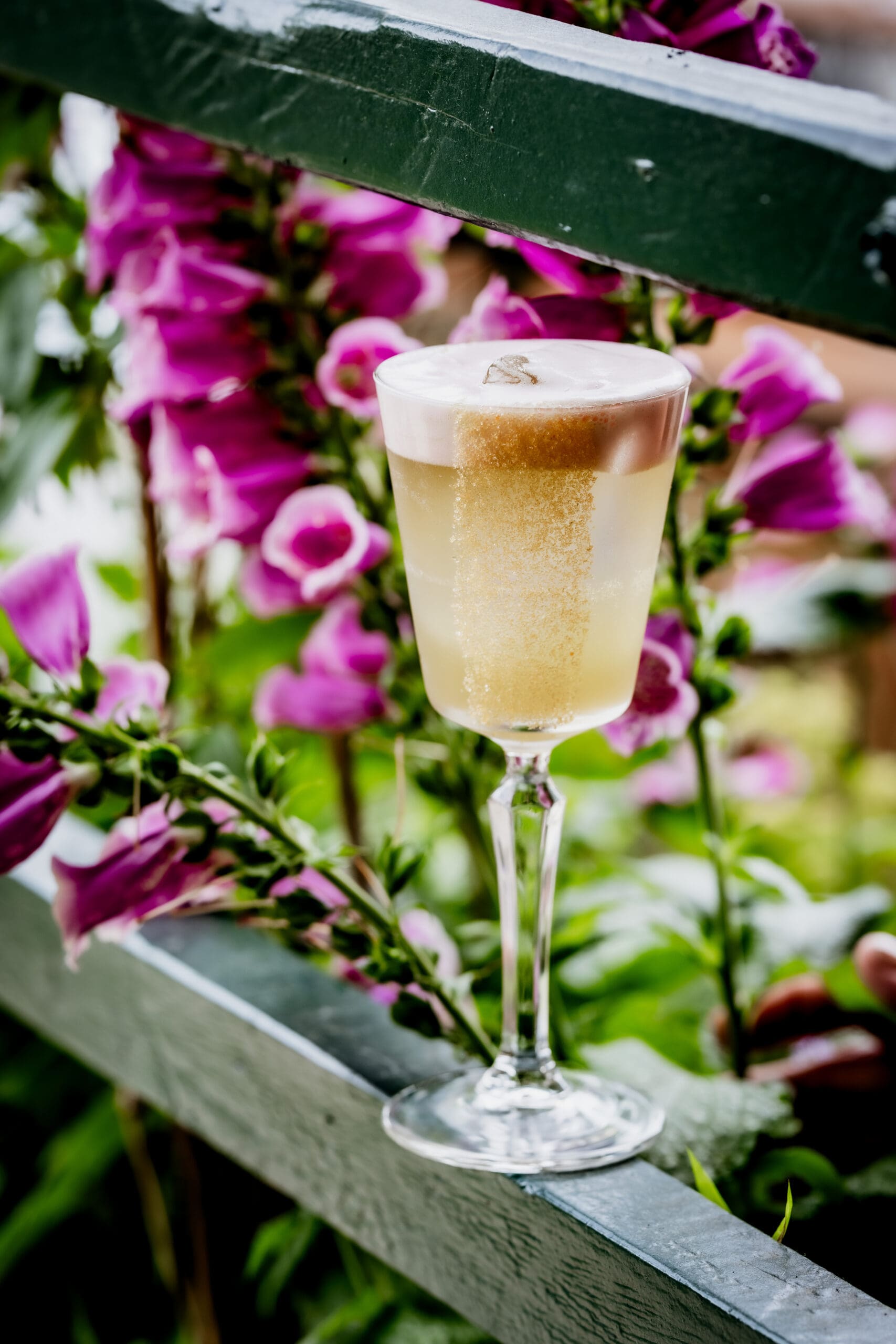 A fancy cocktail with a foam topping and a large ice cube, served in a stemmed glass, sits on a green wooden railing with vibrant purple flowers in the background.