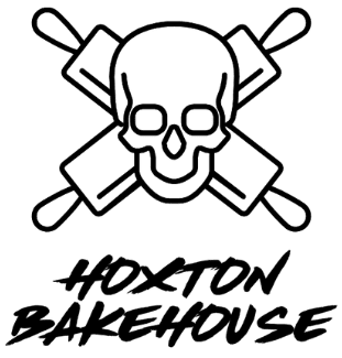 A black outline logo featuring a skull over two crossed rolling pins, with the text 