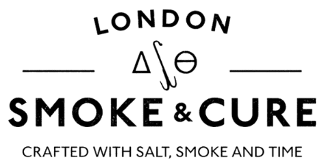 Logo for London Smoke & Cure, featuring geometric shapes and the tagline “Crafted with salt, smoke and time” beneath the bold brand name. The design is monochrome with simple, clean lines.