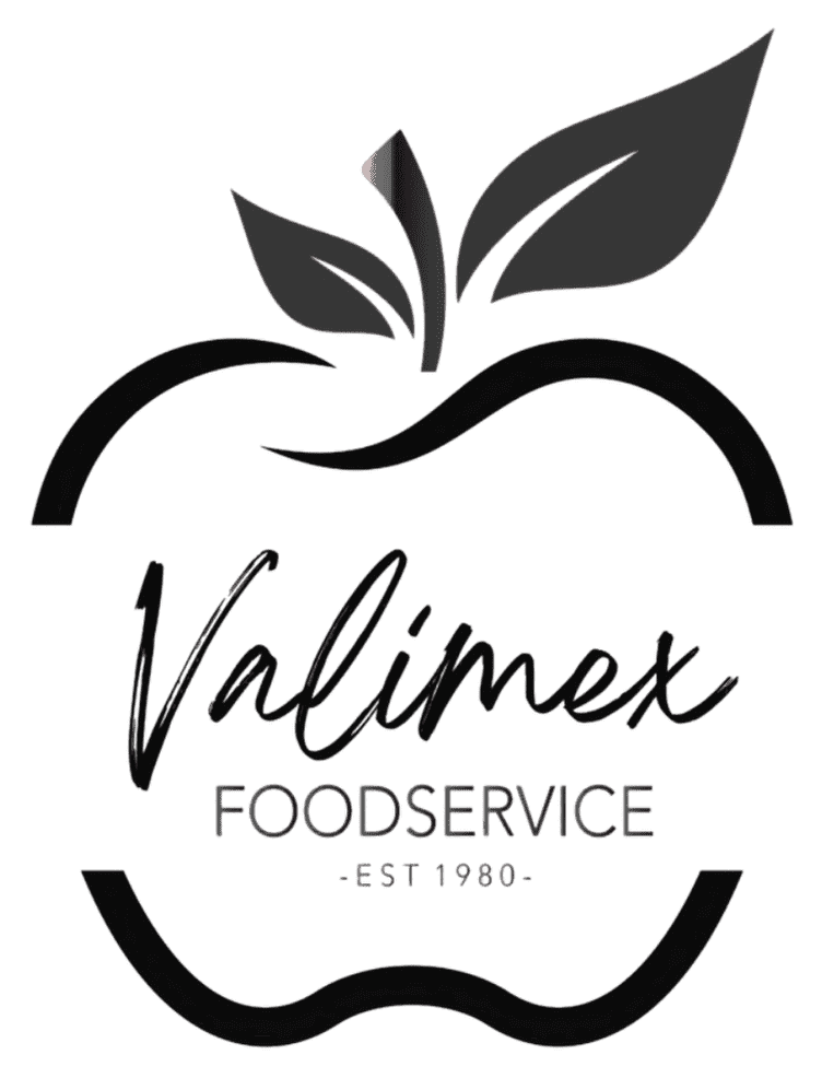 Black and white logo of an apple with two leaves, featuring the words “Valimex Foodservice - Est 1980 -” in the centre.
