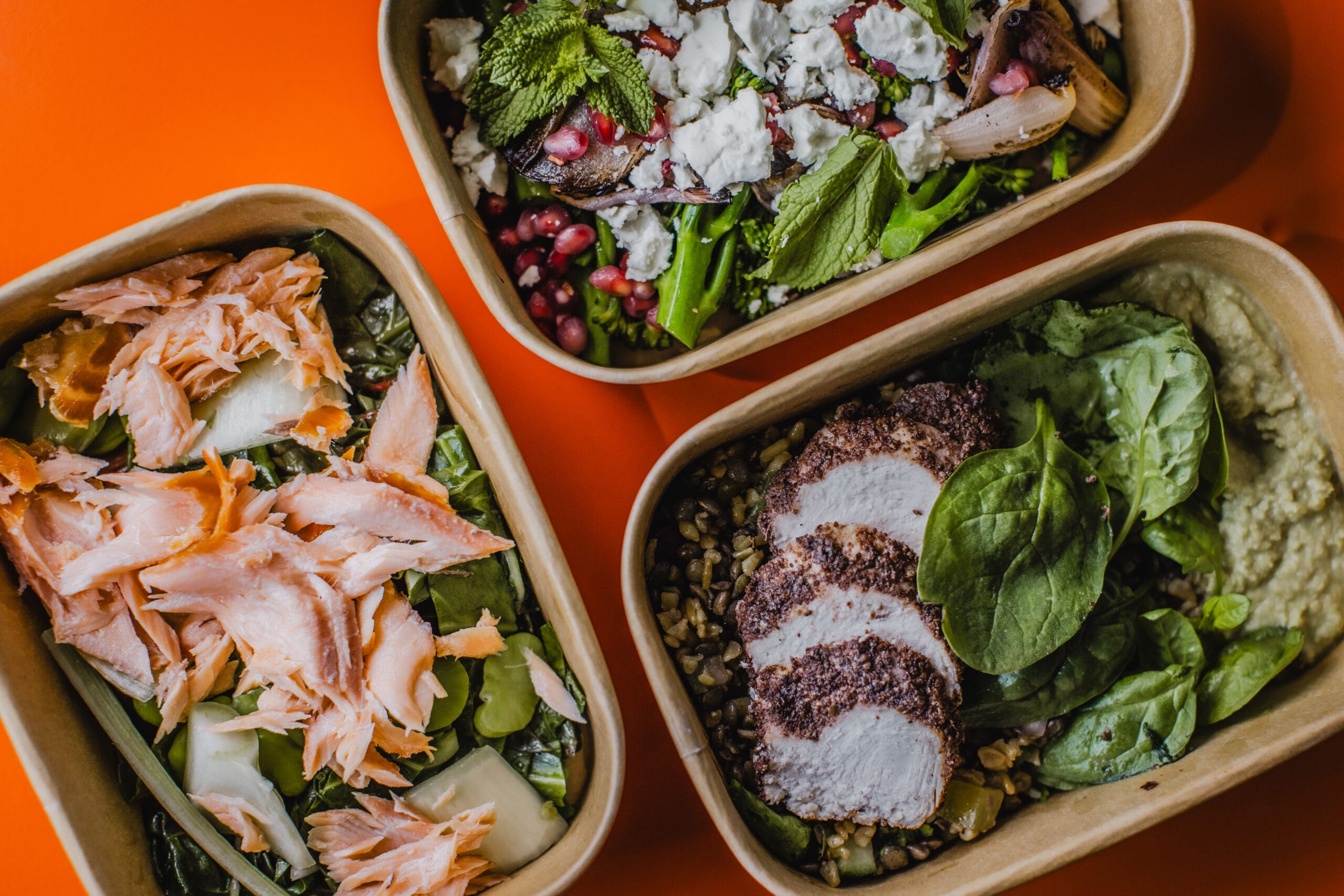 Three rectangular containers with assorted salads on an orange surface. One has flaked salmon, another has sliced chicken on greens, and the third features feta cheese, greens, pomegranate, and herbs.