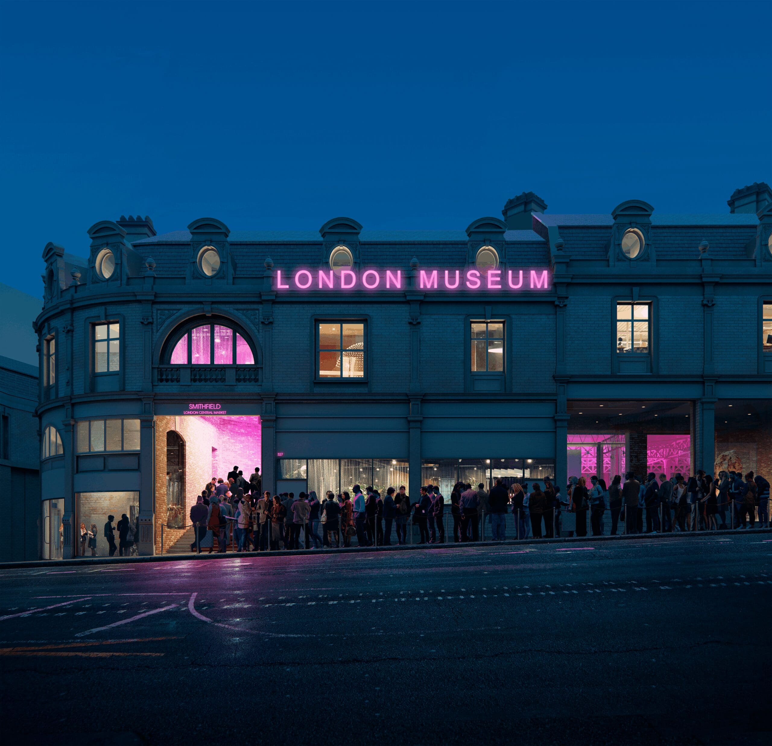 A crowd waits in queue outside a large building with a bright pink neon sign reading 