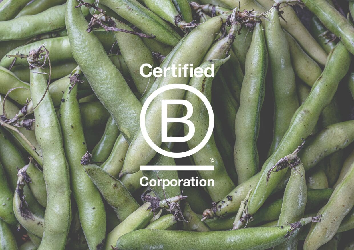 A pile of green bean pods fills the background. Overlaid in the centre is the Certified B Corporation logo in white.